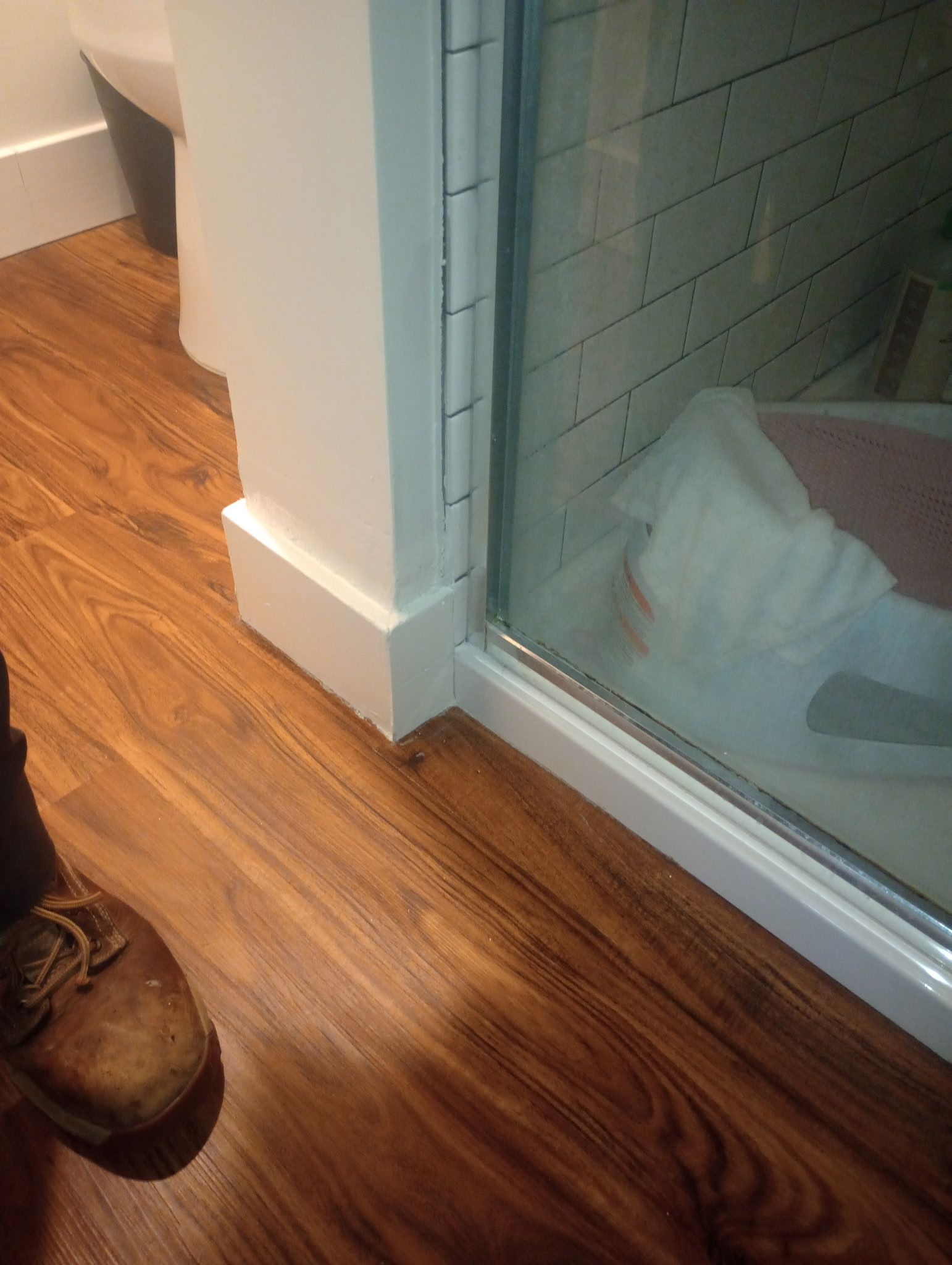 Brown shoe on wood floor beside a glass shower door and white baseboard.