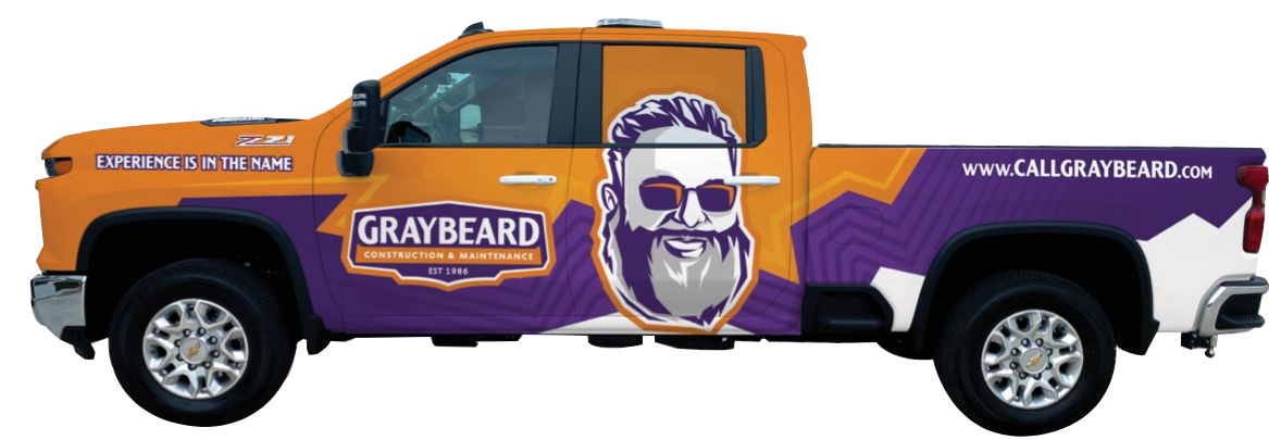 Purple Graybeards van with orange accents and logo; advertisement for service.