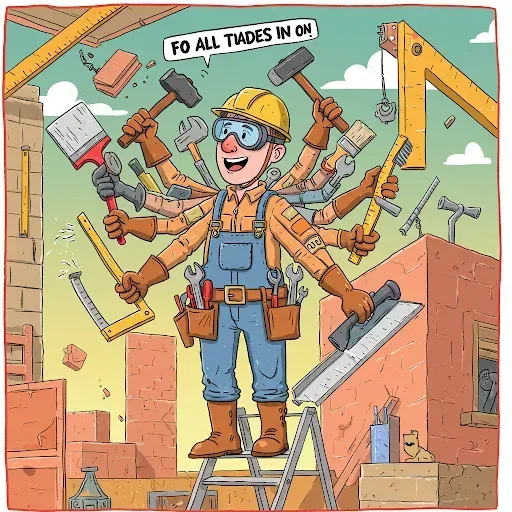 Cartoon of a smiling worker with multiple arms holding various tools on a construction site. Text reads