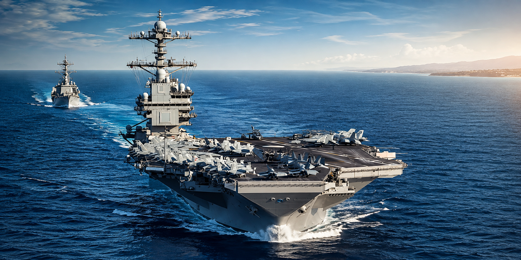 Aircraft carrier sailing with escort ships on a calm blue ocean under a clear sky