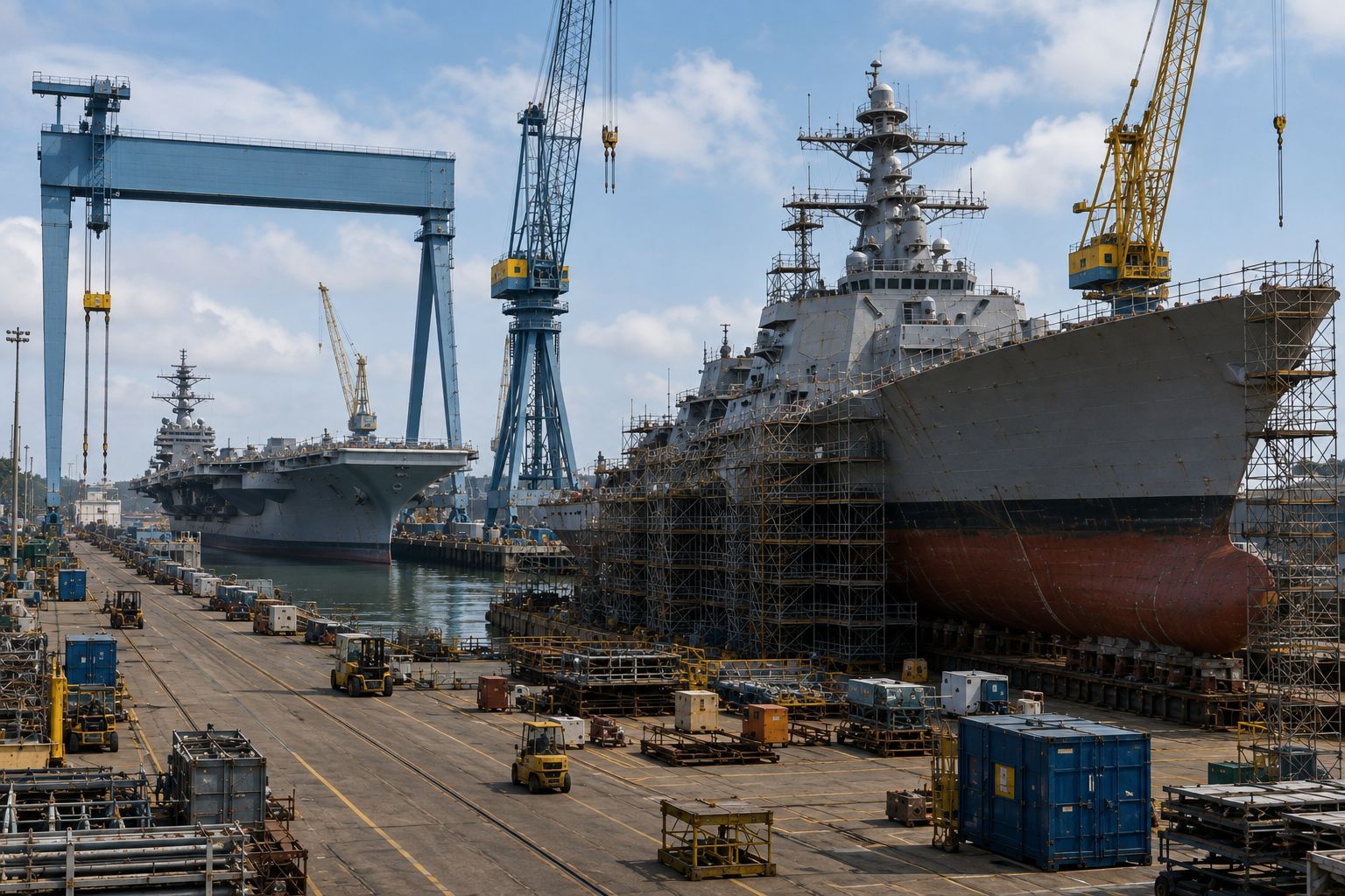 Aircraft carriers under construction in a shipyard, with cranes, scaffolding, and equipment surrounding them