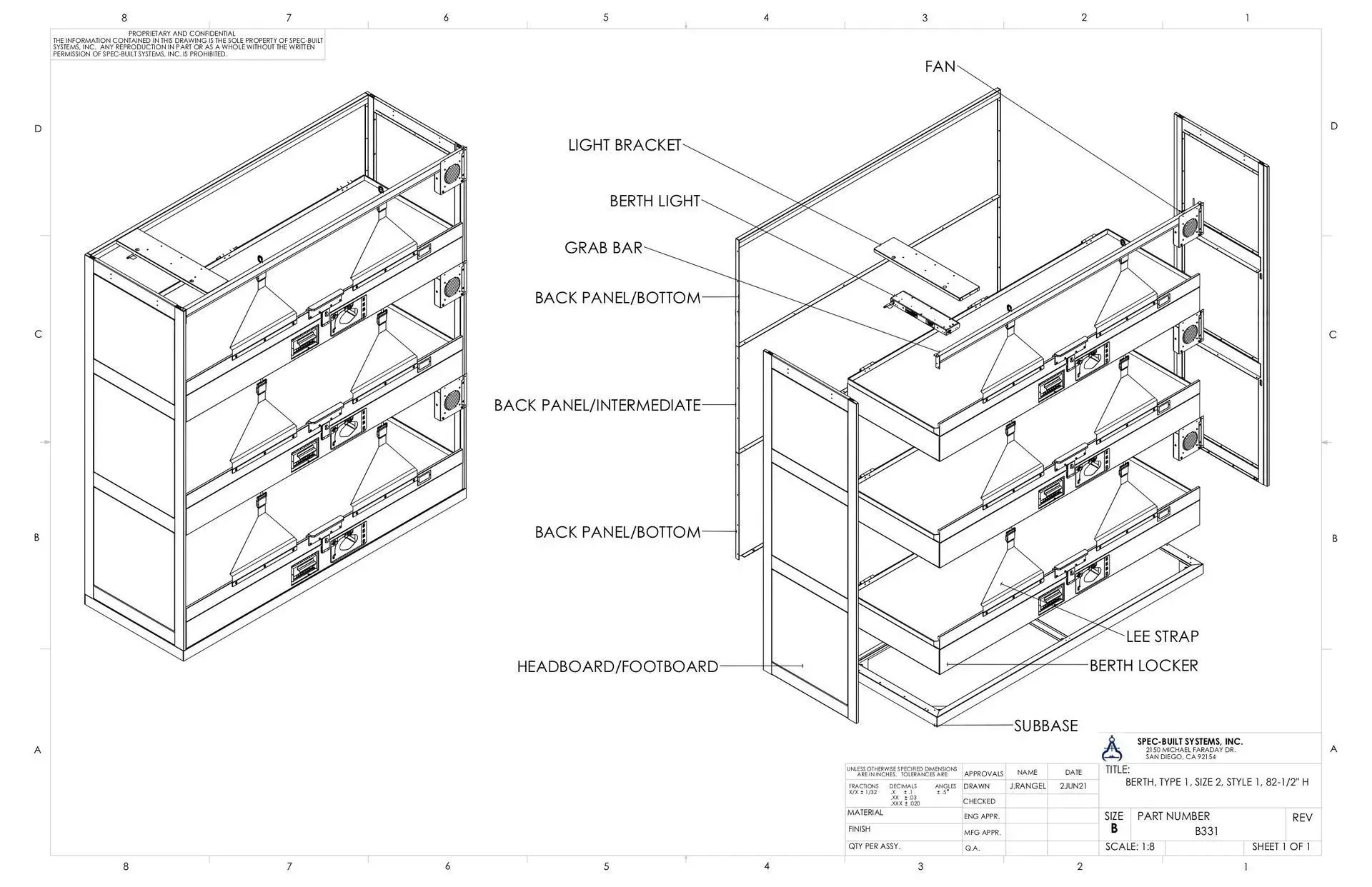 Technical drawing of a modular shelving unit with exploded assembly views and labeled parts.