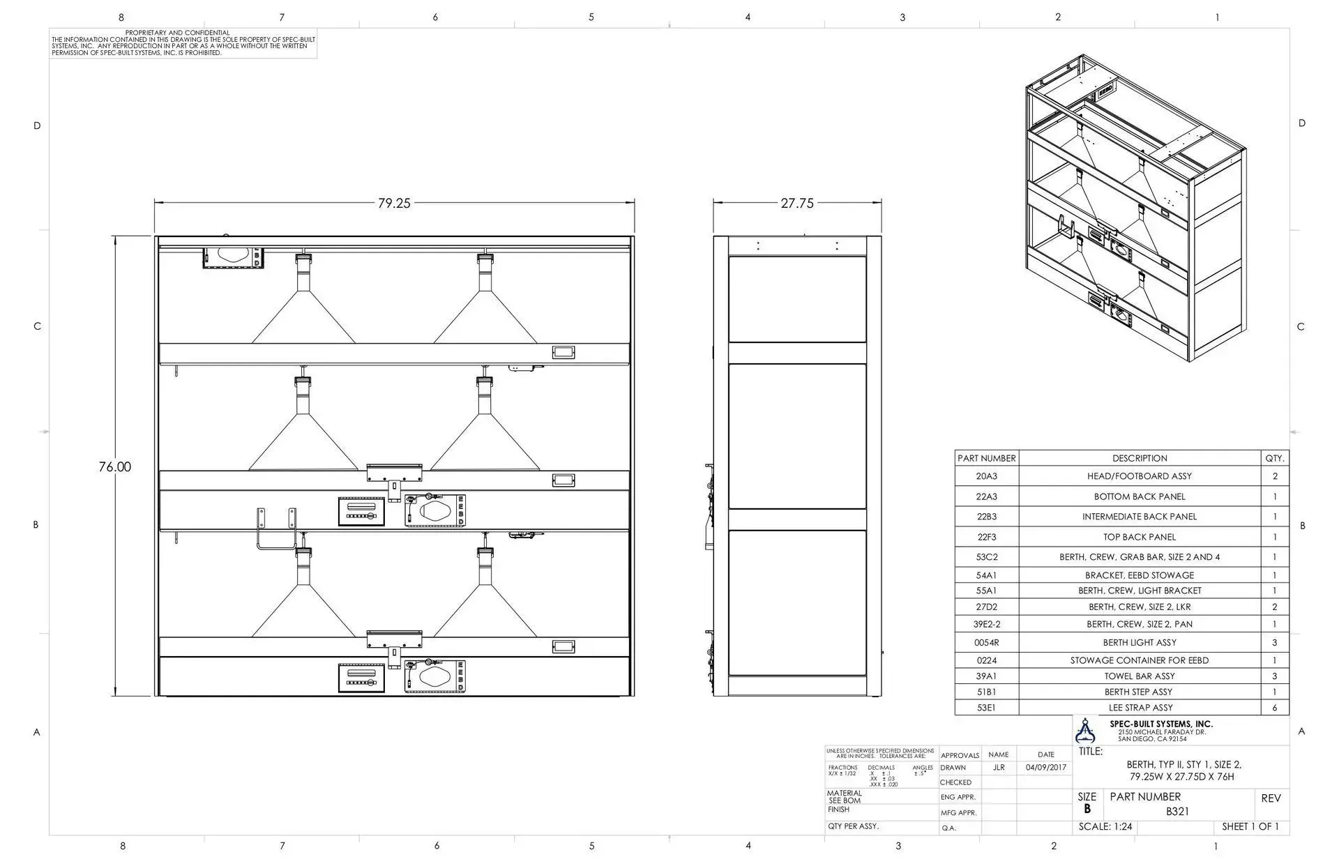 Technical drawing of a three-shelf cabinet with front, side, and isometric views, dimensions, and notes