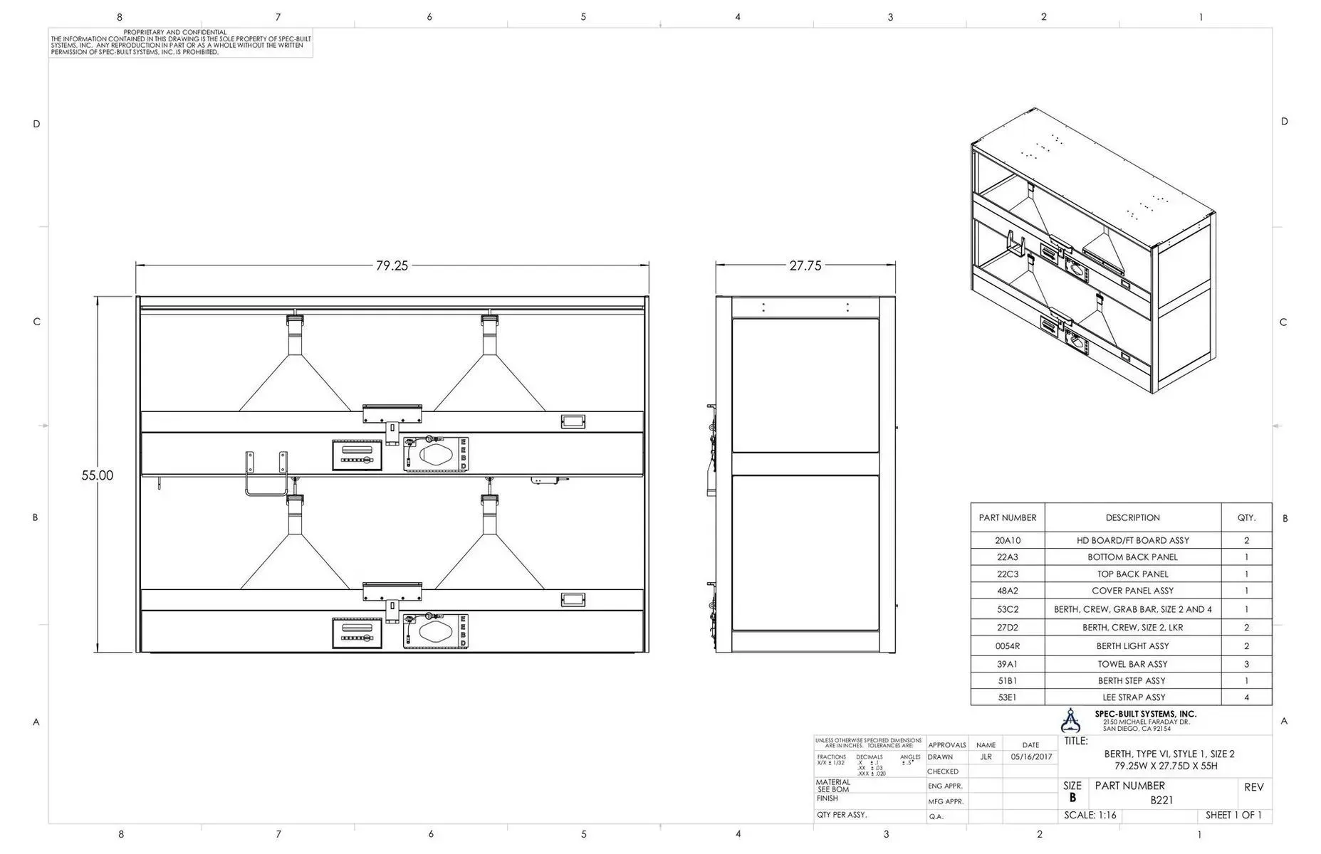 Technical drawing of a two-tier cabinet with dimensions, front and perspective views, and specification table