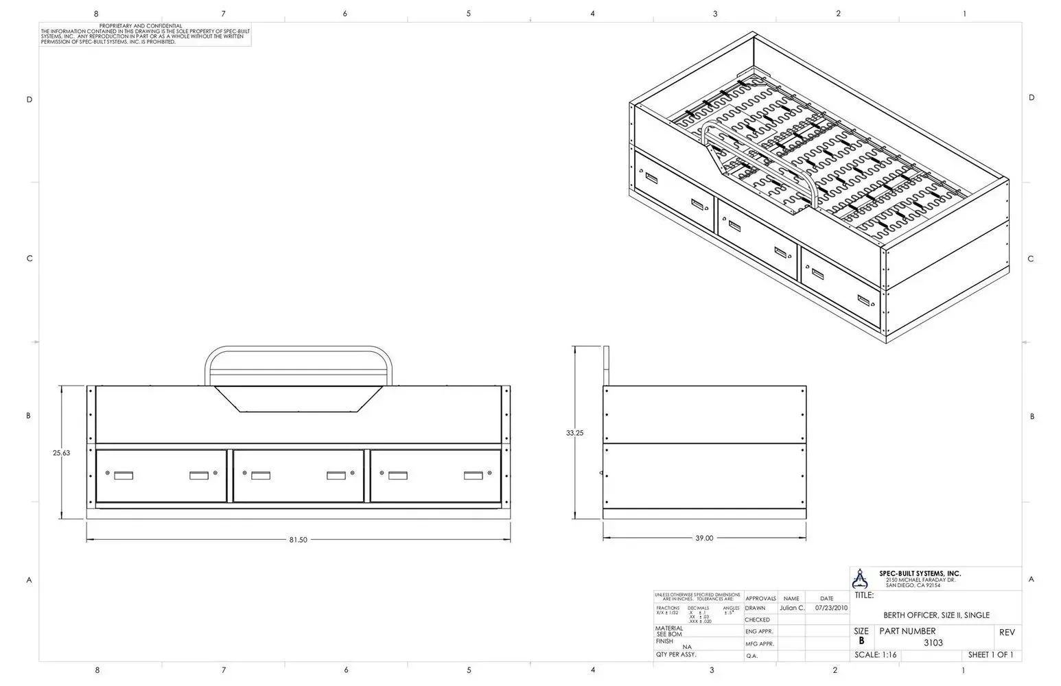 Technical drawing of a wooden storage bench with drawers and an open slatted top, shown in multiple views.