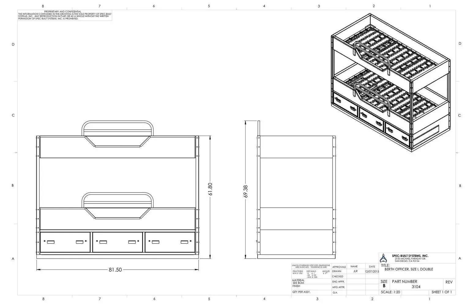 Technical drawing of a wooden cabinet with drawers and two side views, plus a small 3D perspective sketch.