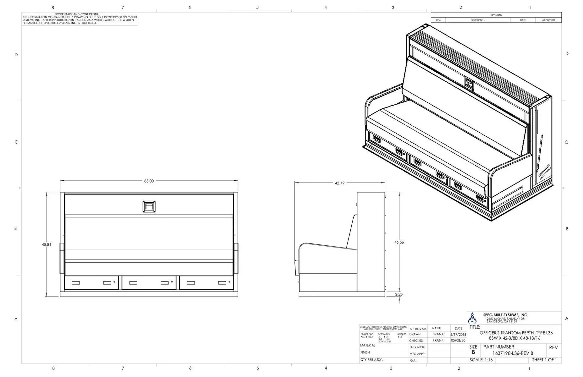 Technical drawing of a bench with front, side, and isometric views and dimensions