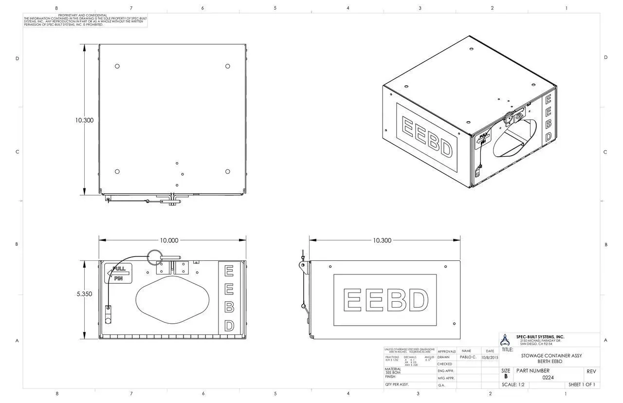 Technical drawing of a rectangular electronic device shown in orthographic and 3D views with dimensions.