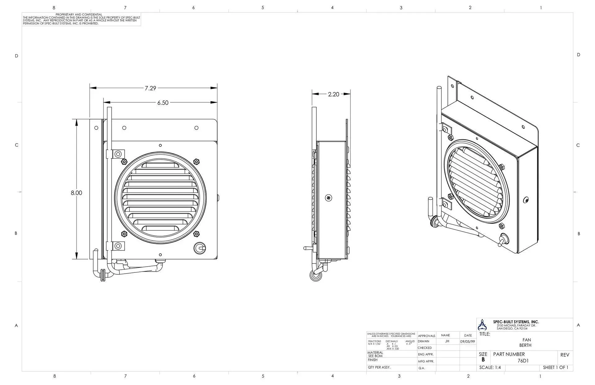 Engineering drawing of a round vent cover with front, side, and isometric views on a white background