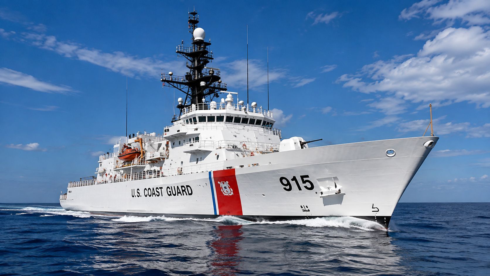 US Coast Guard cutter 915 at sea, white ship with red stripe under a blue sky
