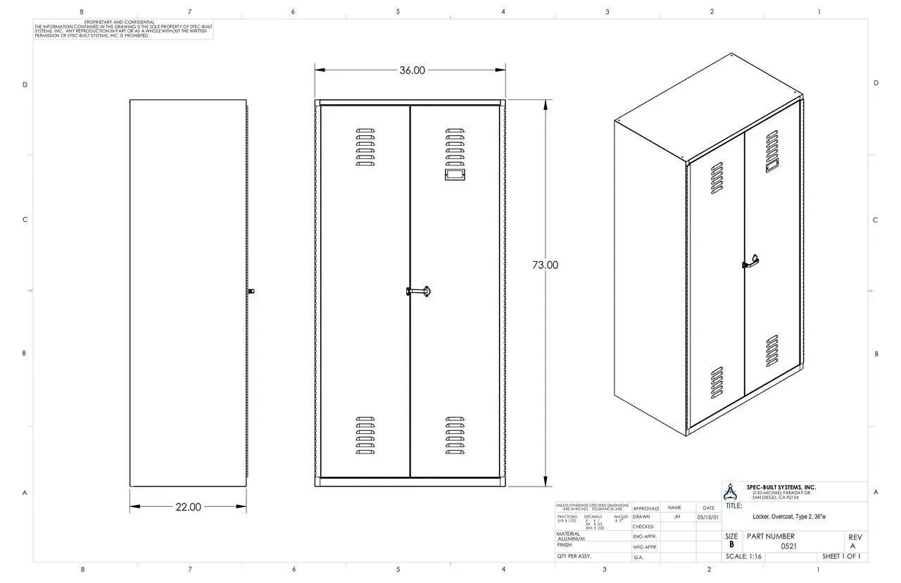 Technical drawing of a tall rectangular cabinet with front, side, and isometric views, showing dimensions.