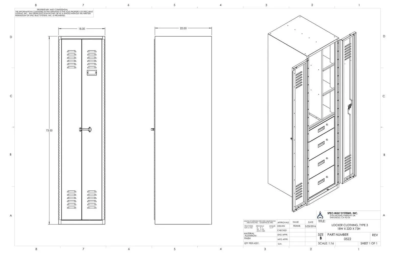 Technical drawing of a white utility cabinet with front, side, and isometric views and dimensions