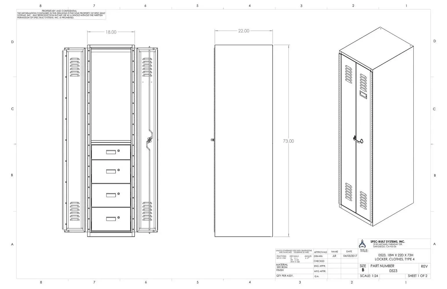Technical drawing of a tall cabinet, showing front, side, and perspective views with dimensions.