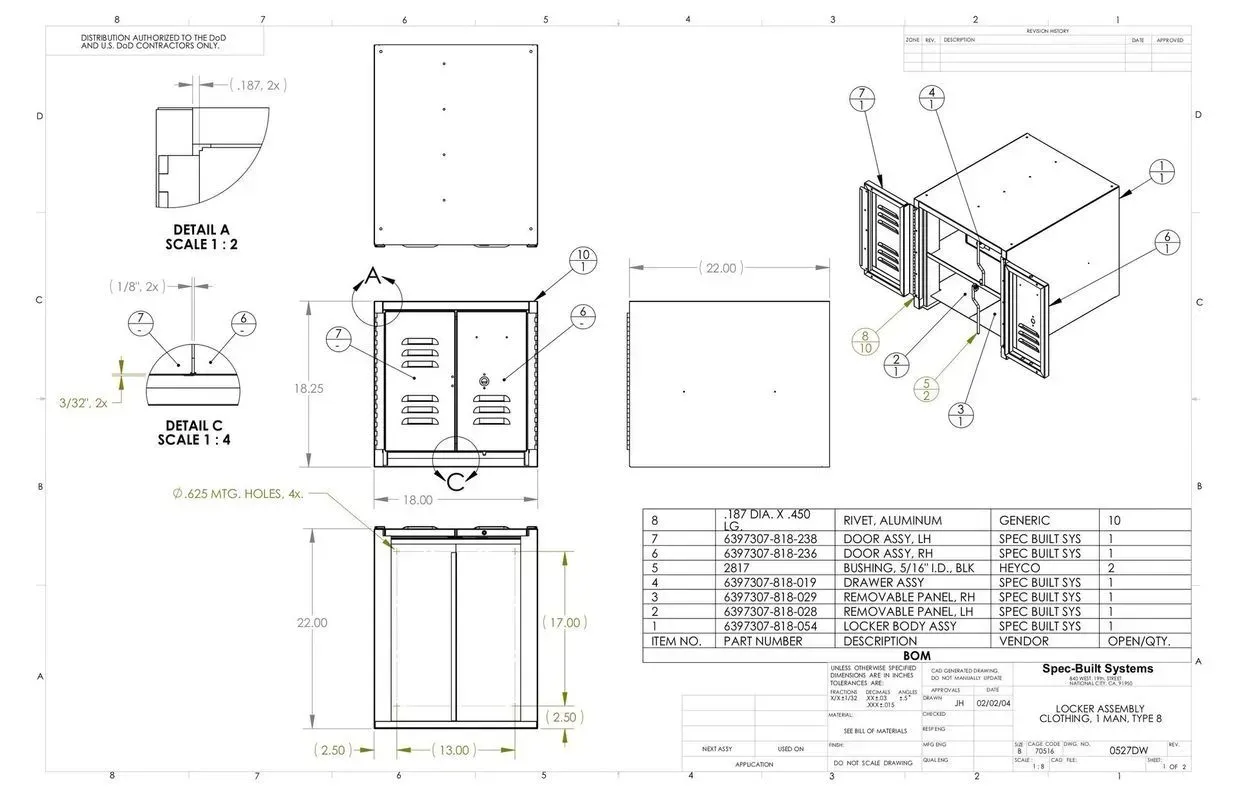 Technical engineering drawing of a metal cabinet assembly with dimensioned views and an isometric diagram