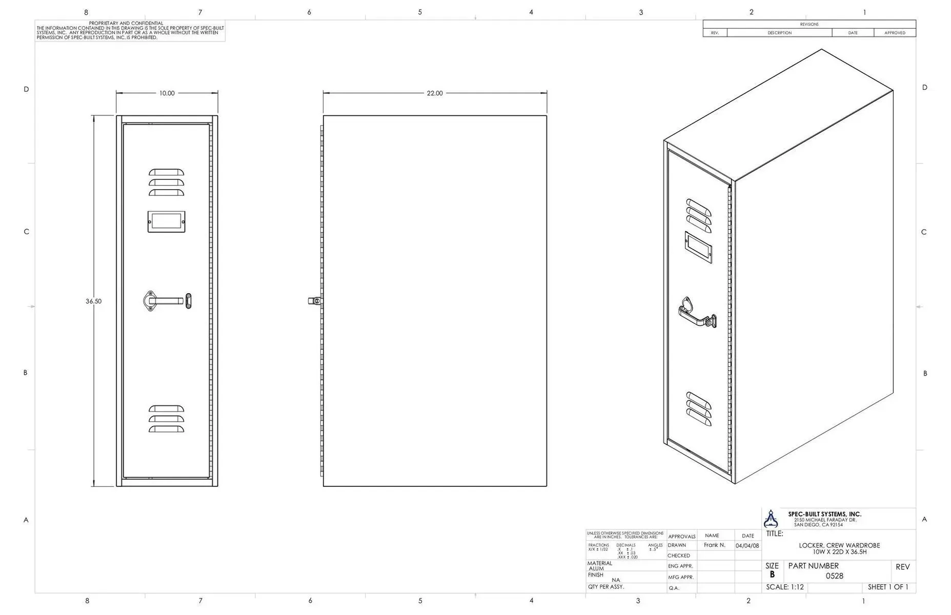 Technical drawing of a rectangular computer tower enclosure with front, side, and isometric views
