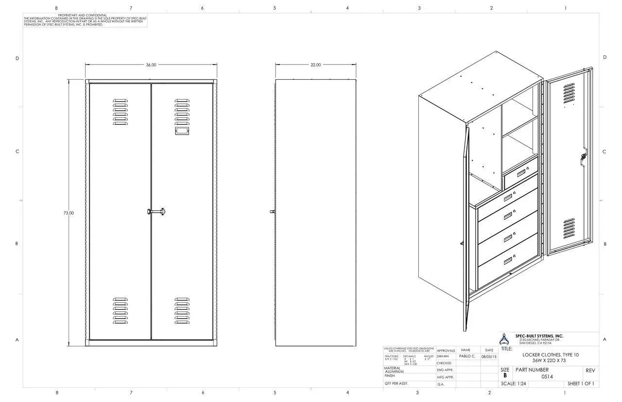 Technical drawing of a tall cabinet with front, side, and isometric views and dimensions.