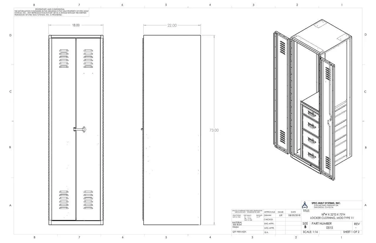 Technical cabinet blueprint showing front, side, and 3D views with dimensions.