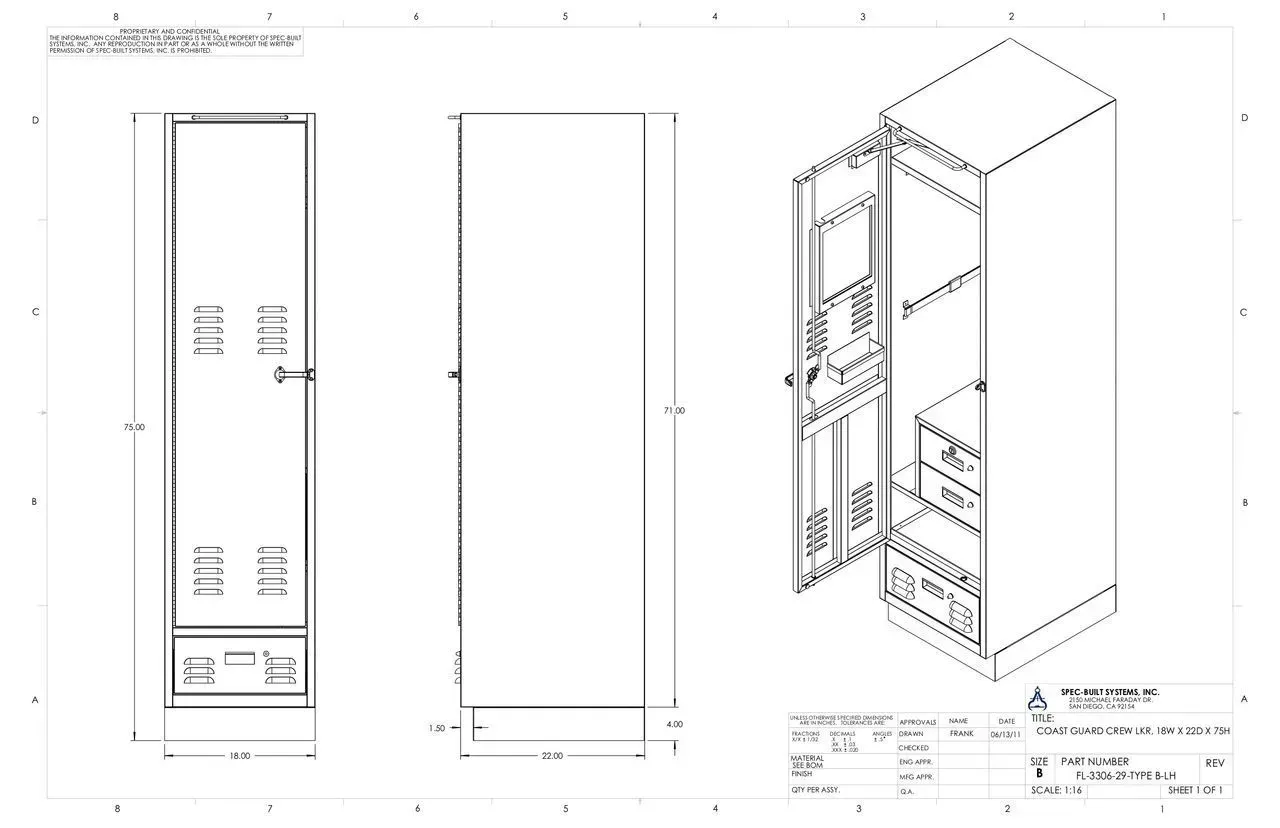 Technical drawing of a tall cabinet with front, side, and isometric views, showing shelves and drawers.