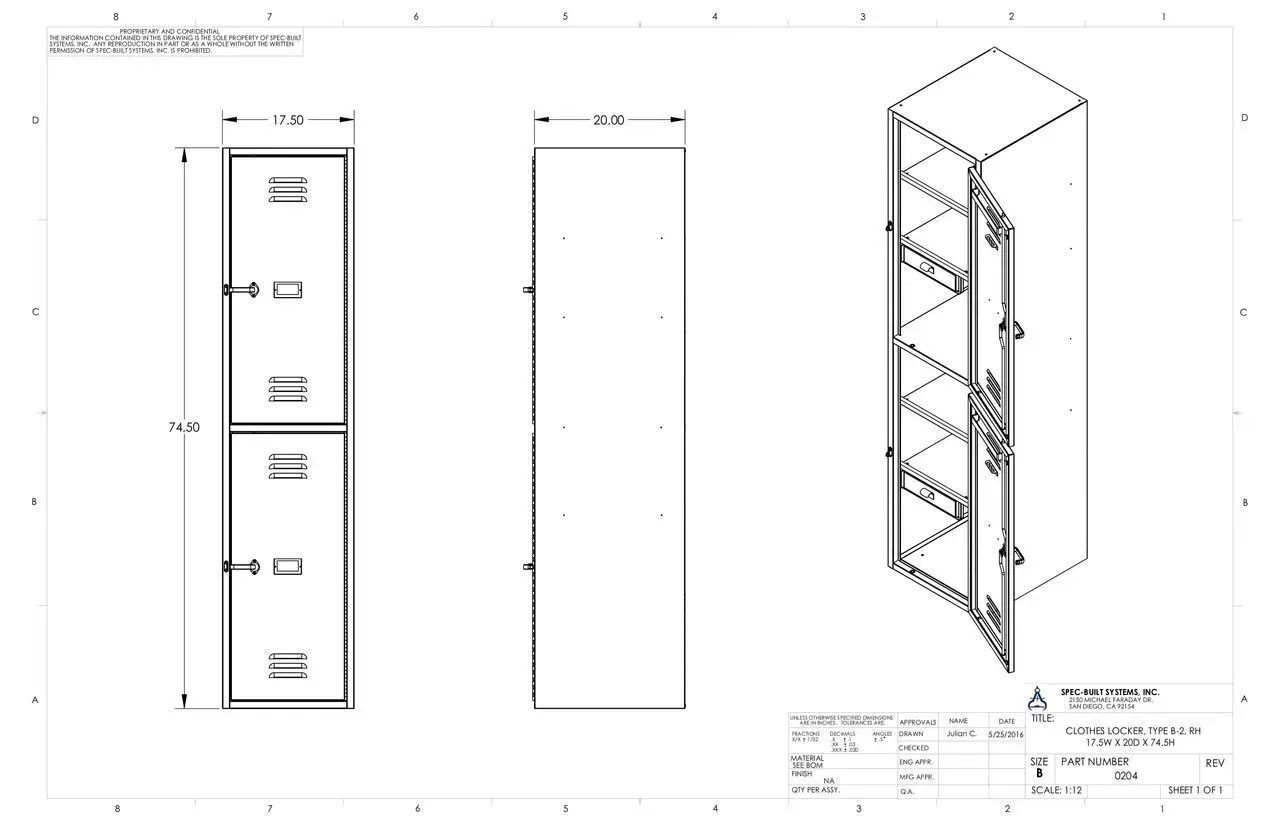 Technical drawing of a tall gray storage cabinet with front, side, and isometric views