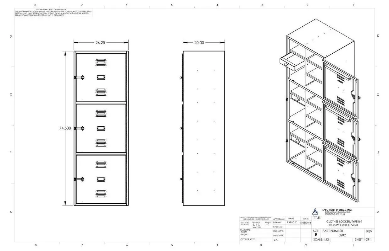 Technical drawing of a tall cabinet with front and isometric views and shelf layout dimensions