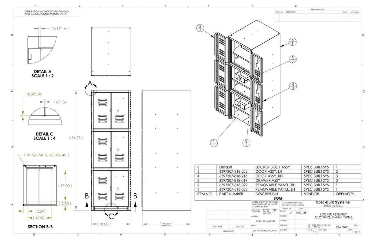 Technical blueprint of a multi-panel cabinet with exploded assembly view and dimensioned drawings