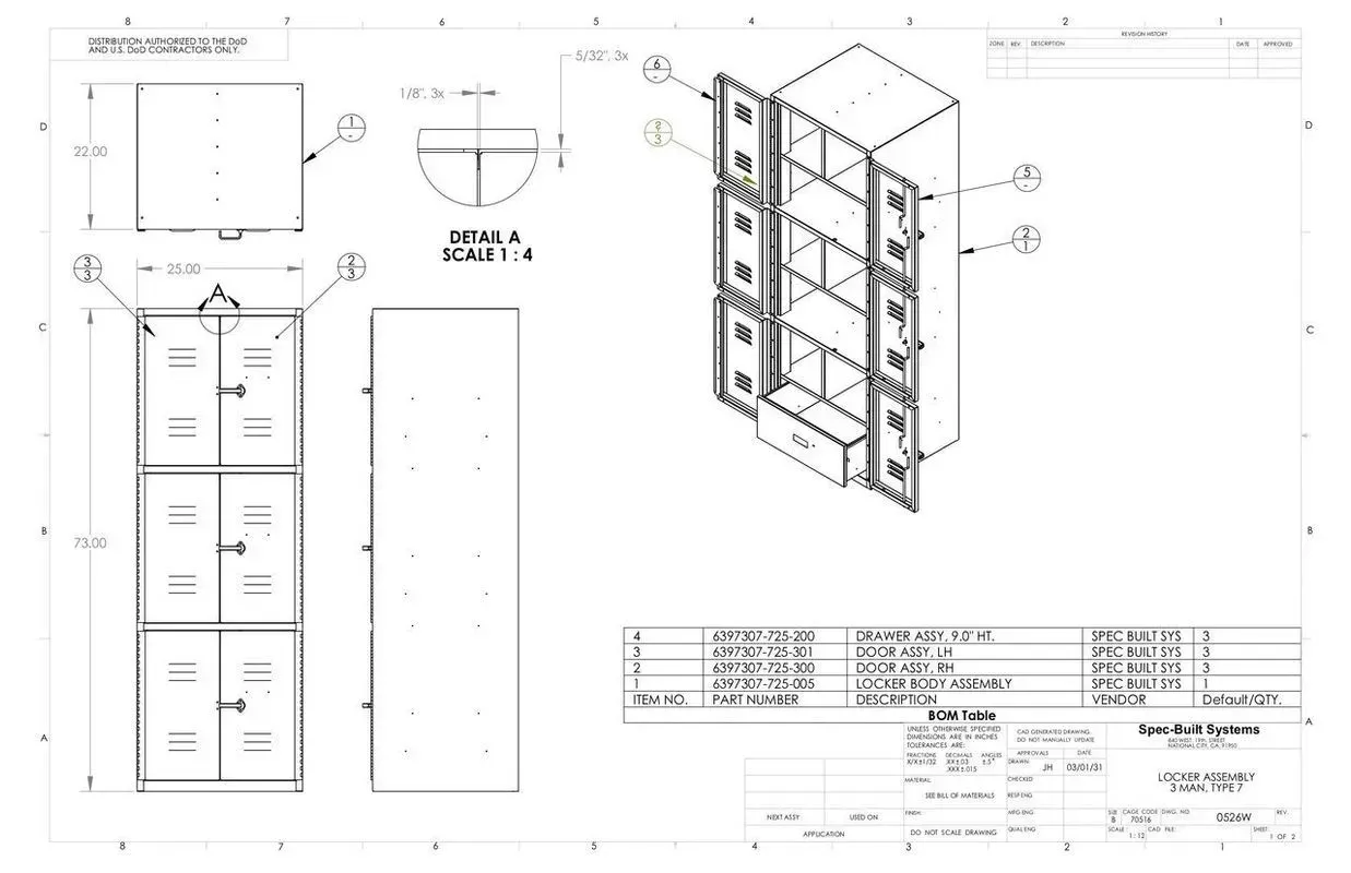 Technical drawing of a cabinet or shelving unit with front, side, and isometric views and dimensions.