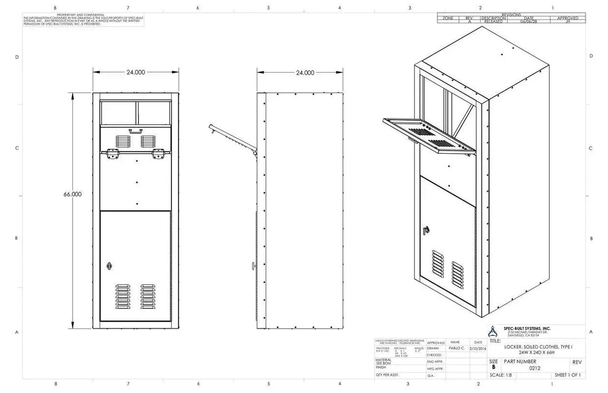 Technical drawing of a tall cabinet or kiosk with front, side, and 3D views and dimension lines