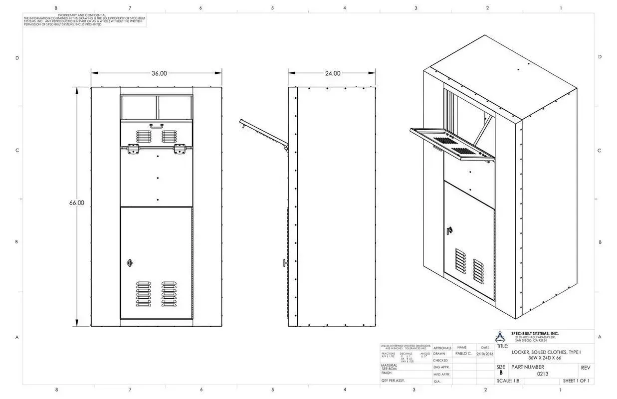Technical drawing of a cabinet-like machine shown in front, side, and isometric views
