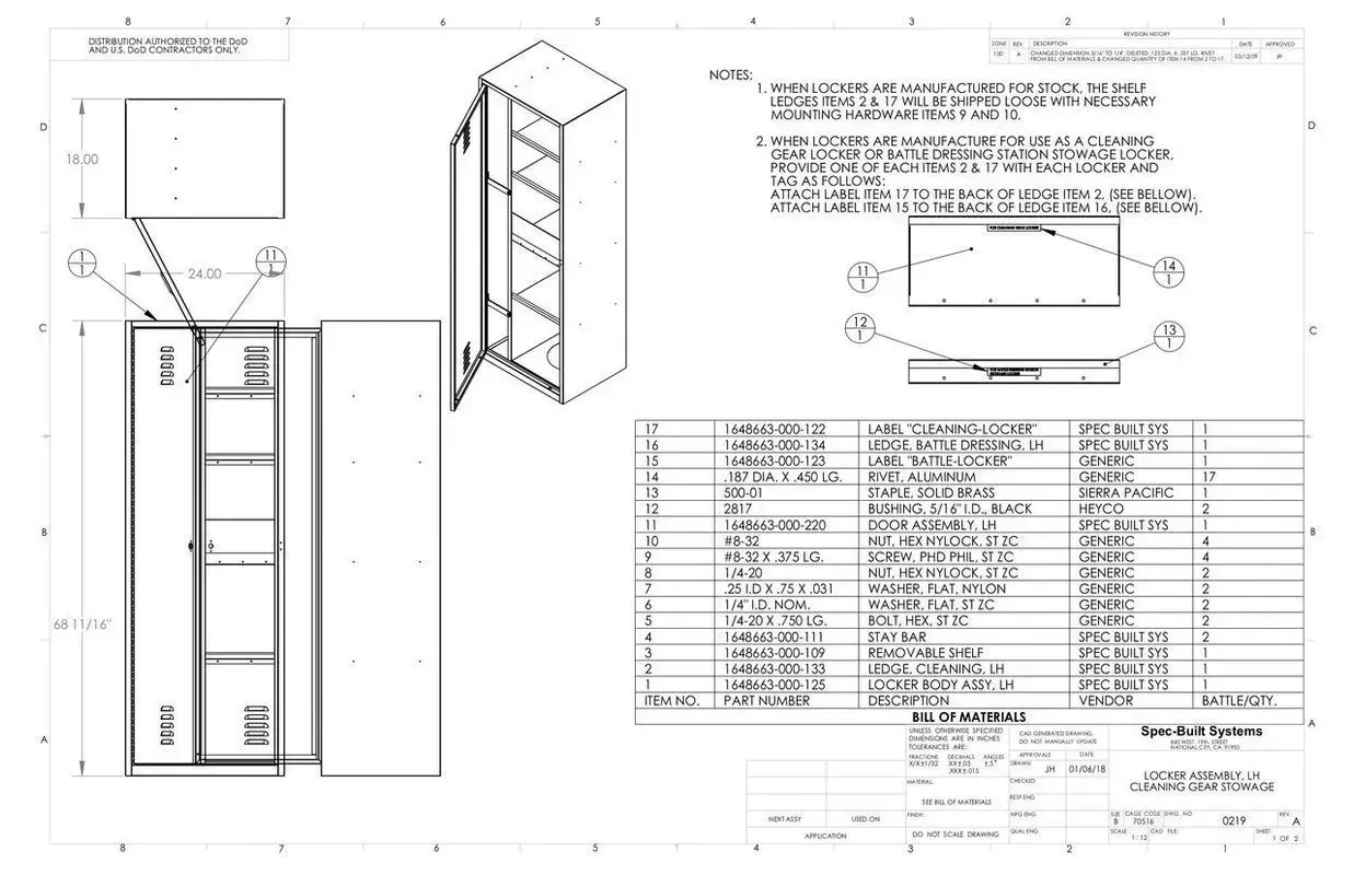 Architectural cabinet technical drawing with dimensions, notes, and a 3D perspective view