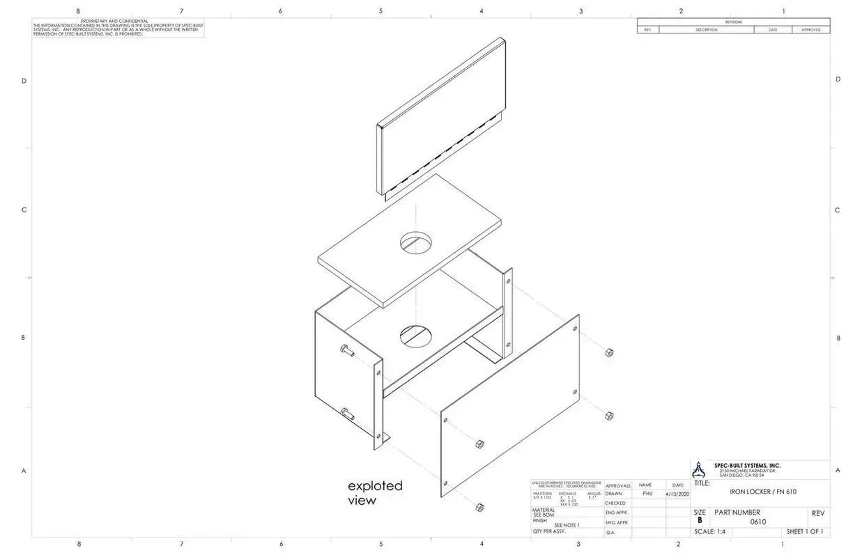 Exploded technical drawing of a metal cabinet with panels and hardware labeled with dimensions and parts.