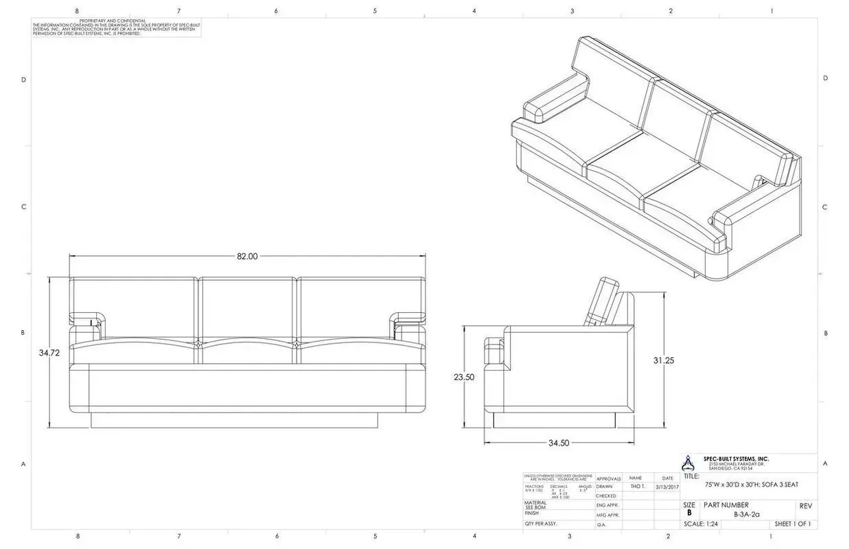 Technical sofa blueprint with front, side, and 3D views and measurements