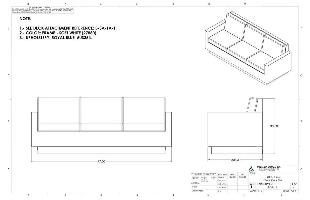 Technical drawing of a three-seat sofa with front, side, and isometric views