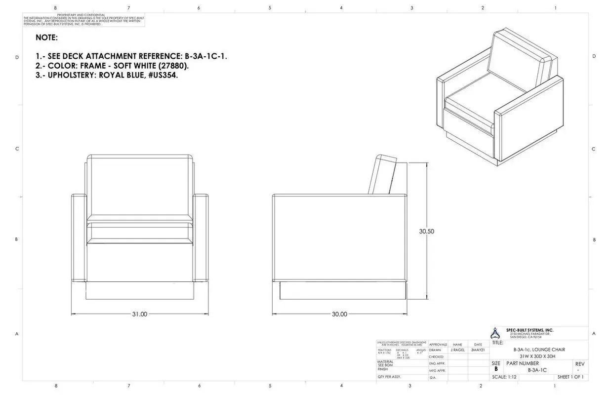 Technical drawing of a chair with front, side, and 3D views with measurements
