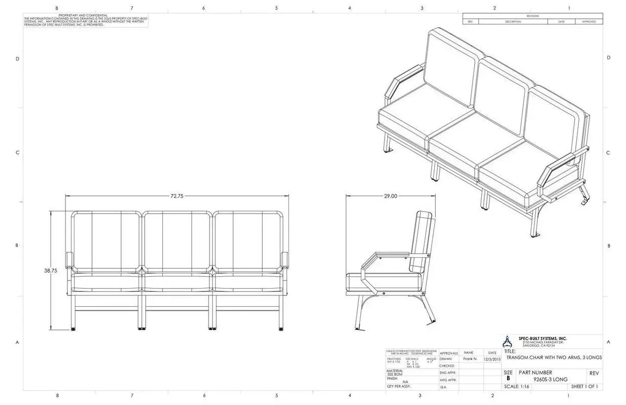 Technical drawing of a three-seat bench sofa with front, side, and isometric views