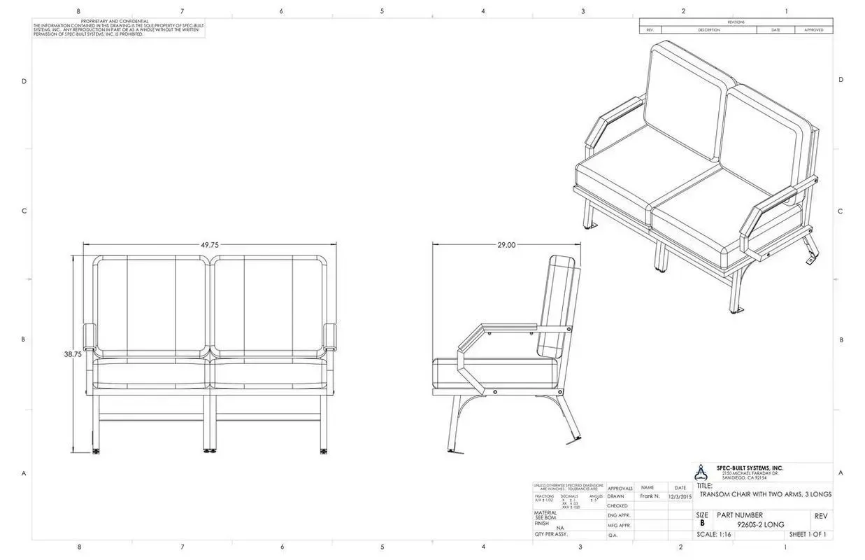 Technical drawing of a bench with backrest, shown in front and isometric views with dimensions.