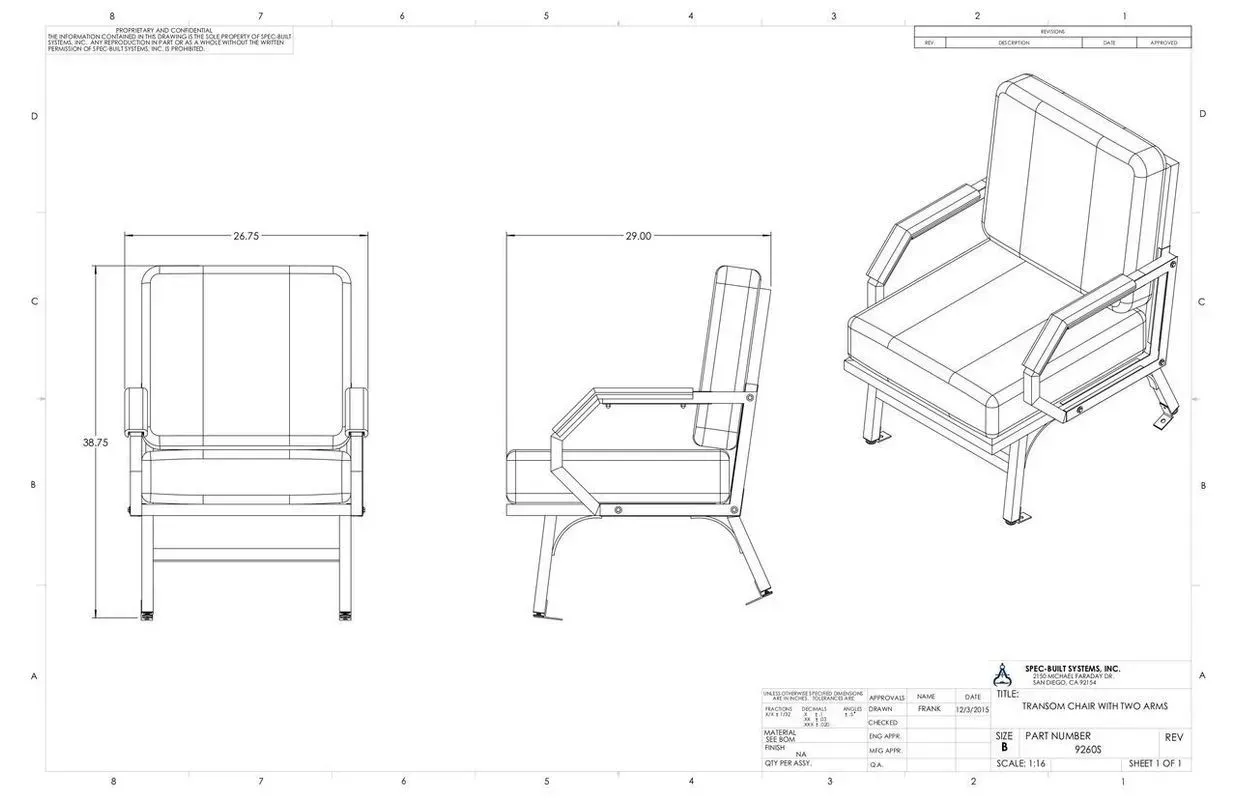 Technical drawing of a wooden armchair shown in front, side, and isometric views with dimensions.