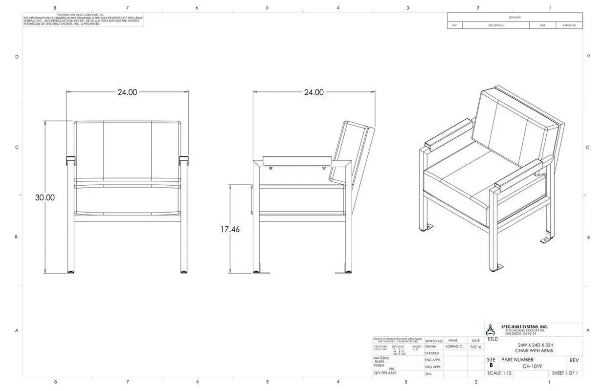 Technical drawing of a cushioned chair with front, side, and isometric views and measurements