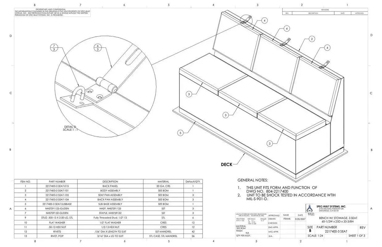 Technical blueprint of a rectangular bin with hinged lid and parts table