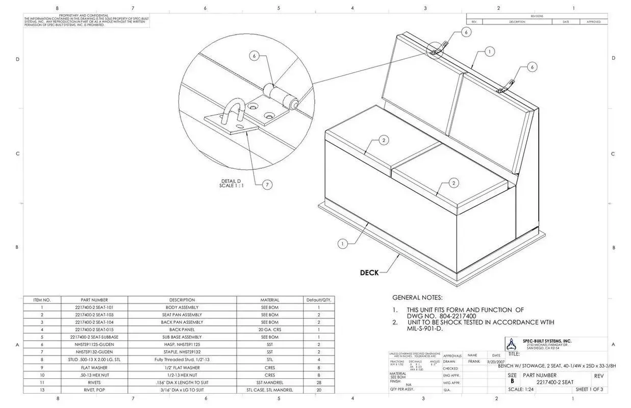 Technical blueprint of a storage bench with lid, exploded parts diagram, measurements, and assembly notes