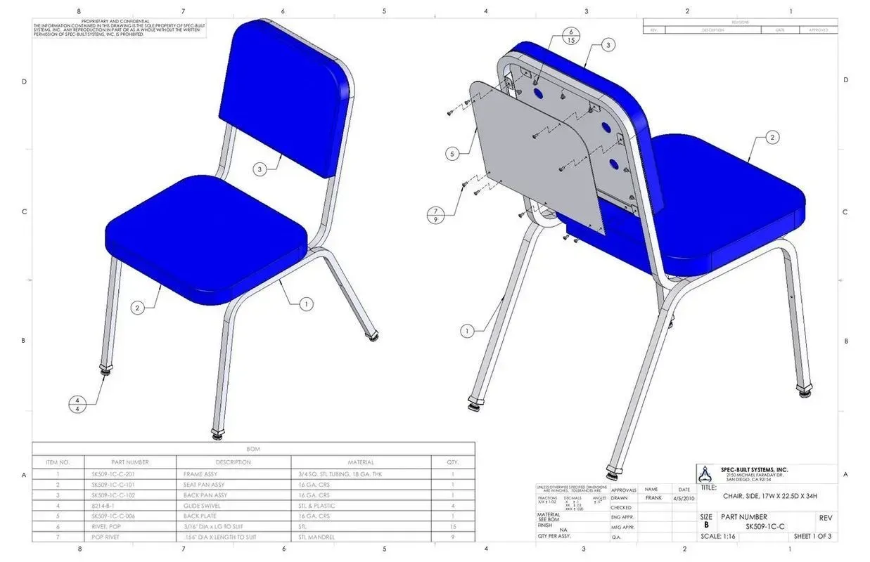 Exploded CAD drawing of a blue-and-gray chair with dimensions and part labels
