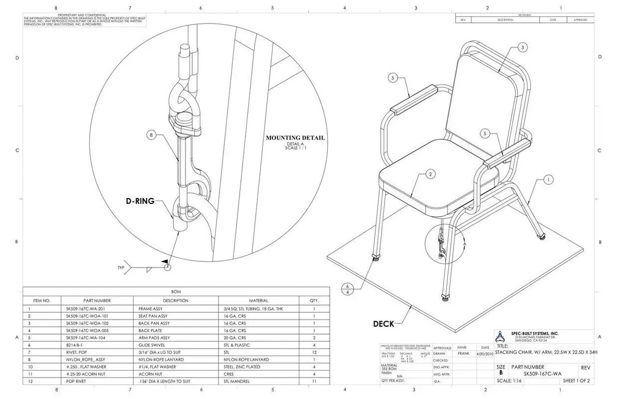 Technical patent drawing of a folding chair with front, side, and detail views