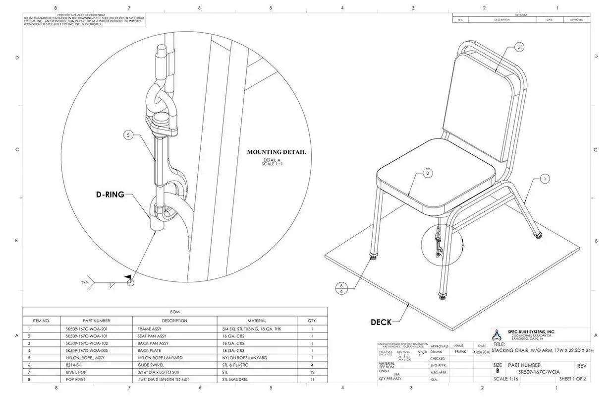 Technical drawing of a chair with dimension lines, inset detail, and a parts table.