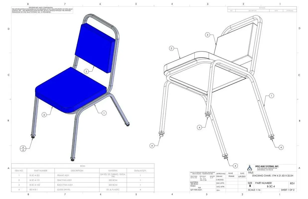 Blue and gray chair shown in a technical drawing with exploded assembly view