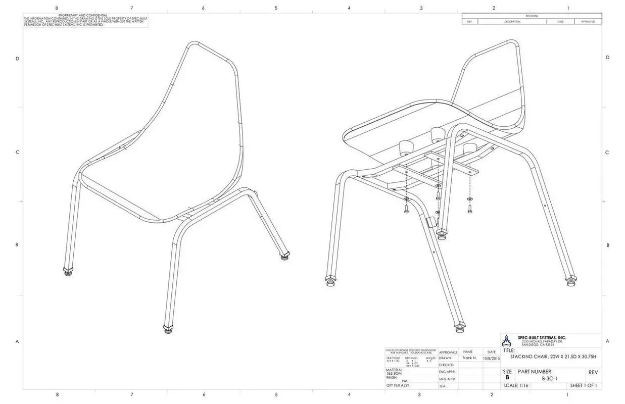 Technical drawing of a chair with front and isometric views on a white background