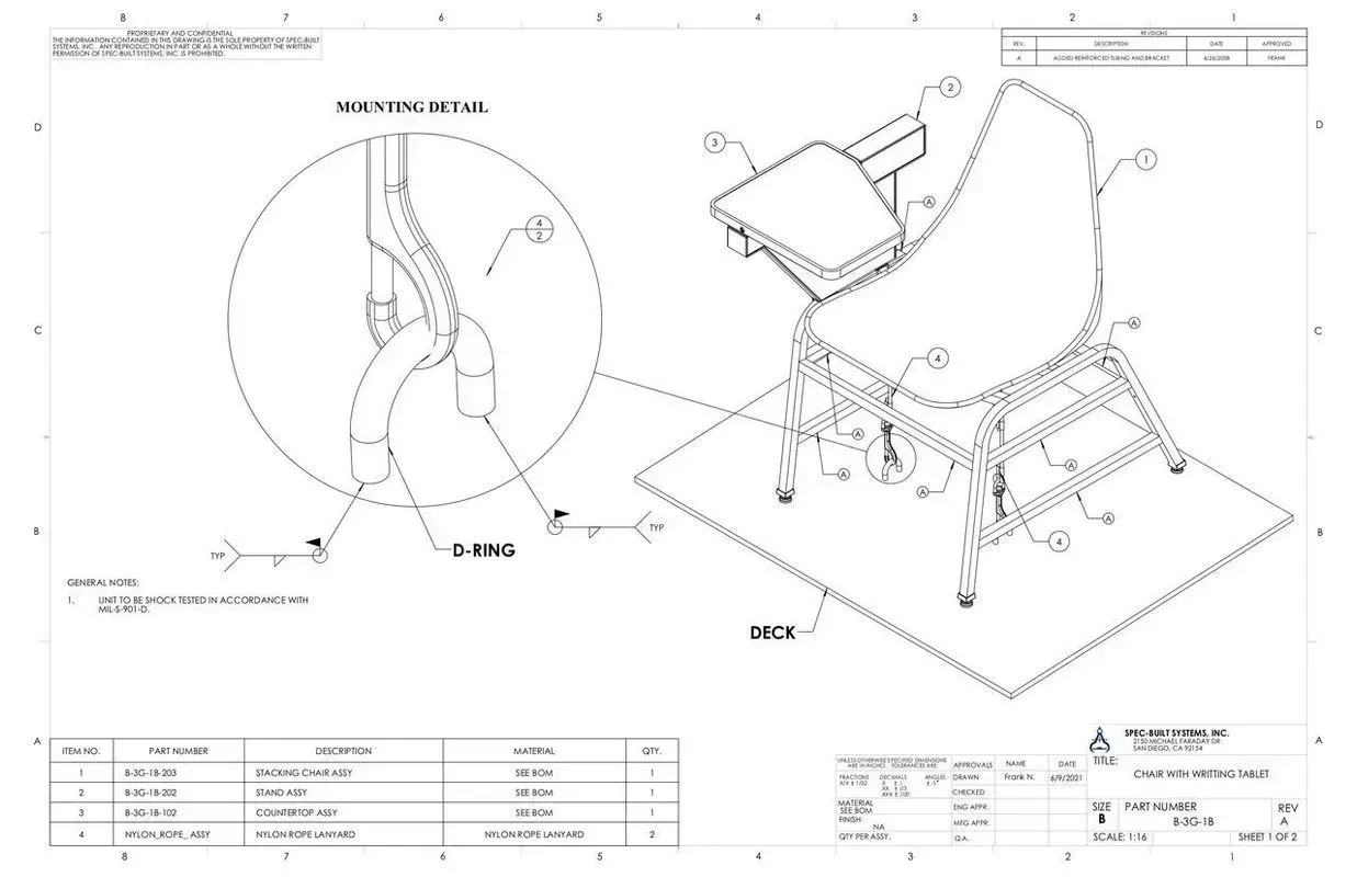 Technical line drawing of a chair assembly with callouts and exploded parts view