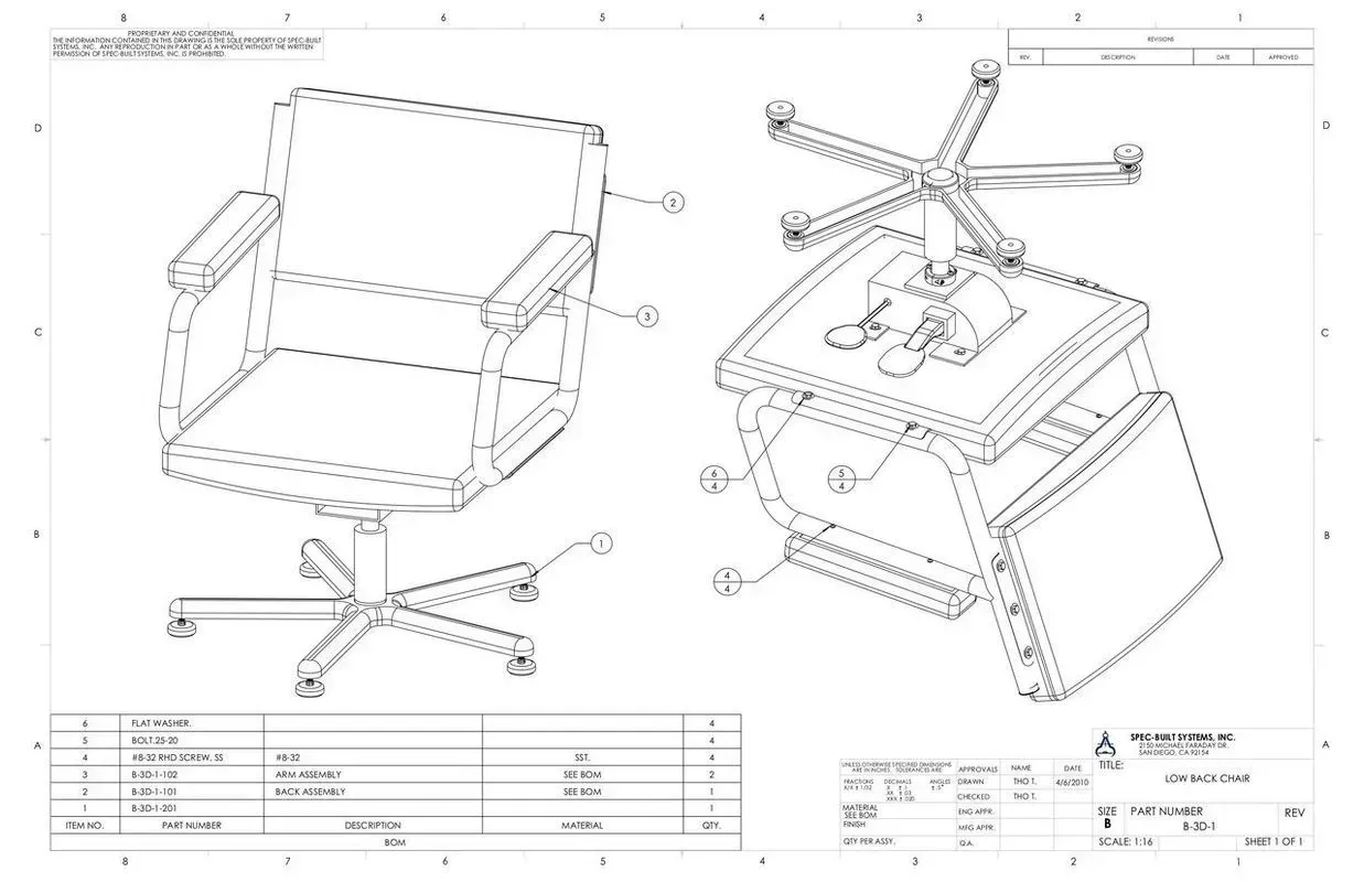Technical drawing of a folding chair with dimensions and assembly views