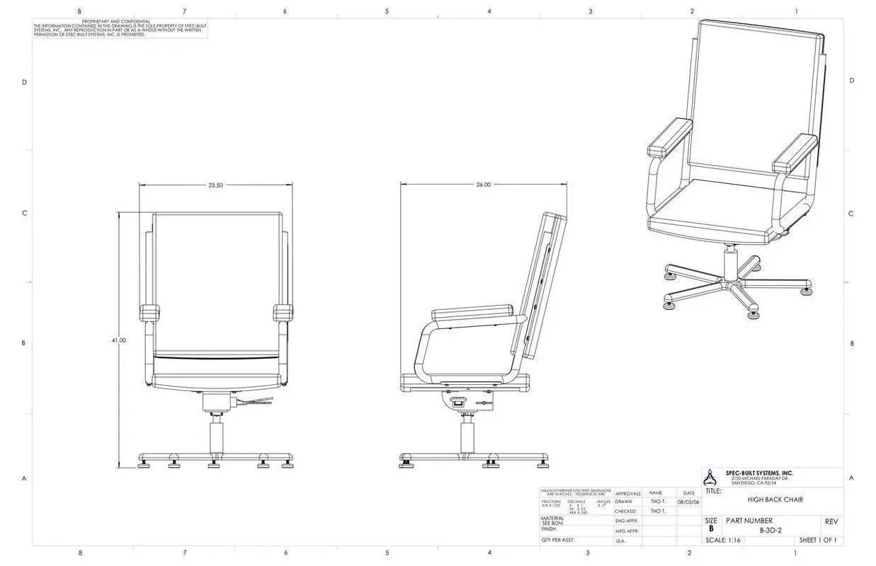 Technical drawing of an office chair shown in front, side, and perspective views.