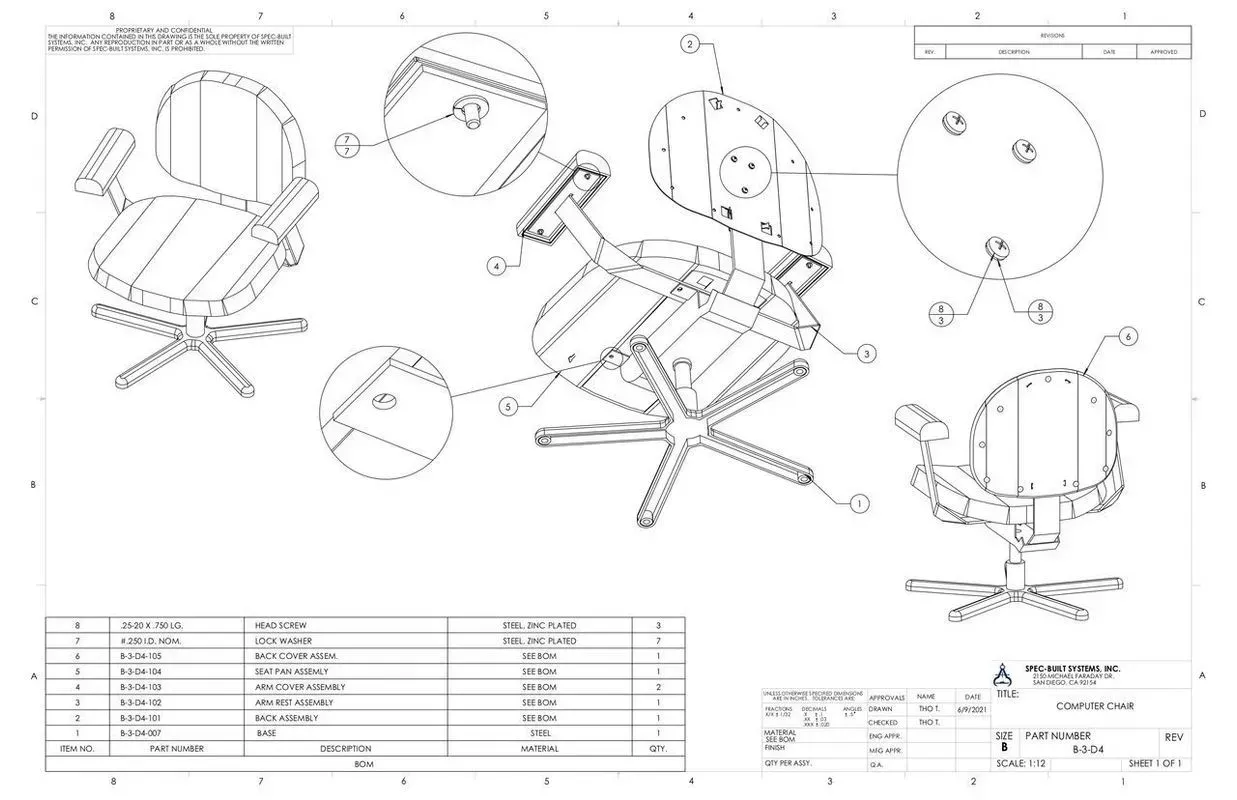 Technical blueprint showing exploded views and dimensions of an office chair assembly.