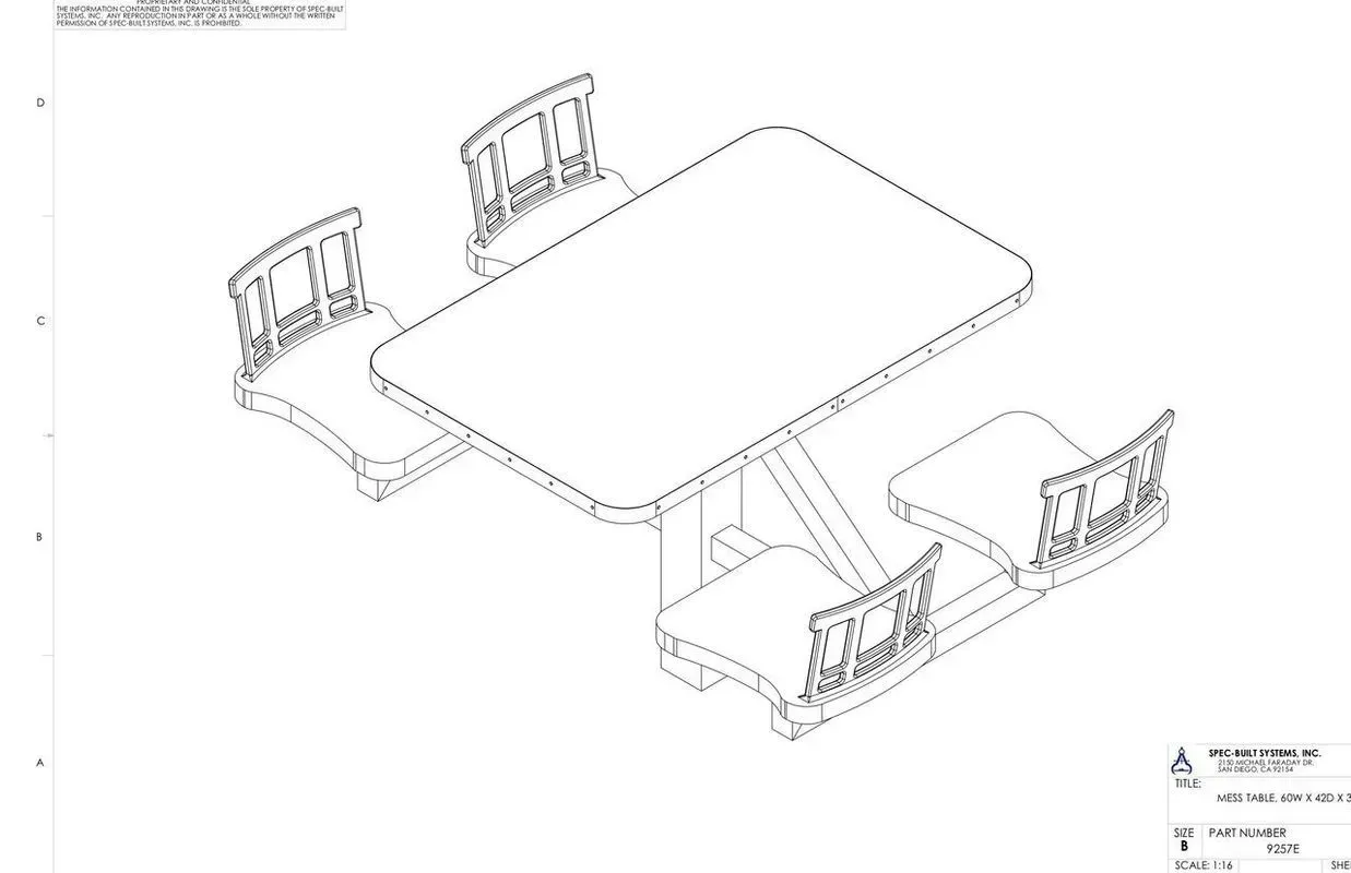Exploded view of a rectangular table with four matching chairs in a technical drawing.