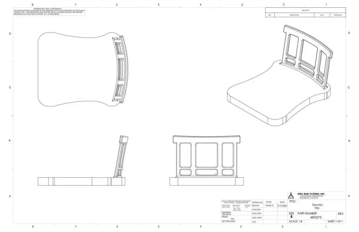 Technical drawing of a cushioned chair with multiple orthographic and perspective views